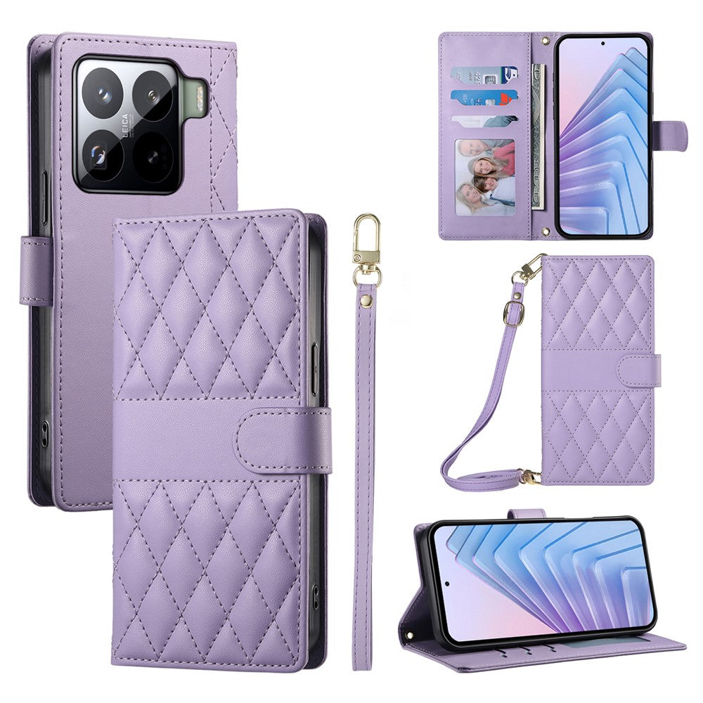 For Xiaomi 15 Pro Case Rhombus Stitching Wallet Stand Leather Phone Cover with Long  /  Short Strap