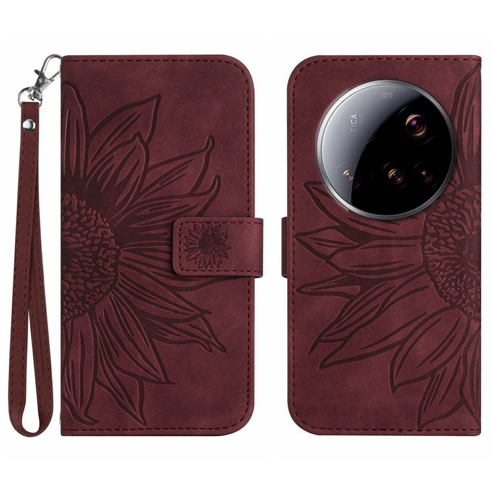 Xiaomi 15 Ultra-skal Sunflower Imprint Läderplånbok för mobil med handledsrem