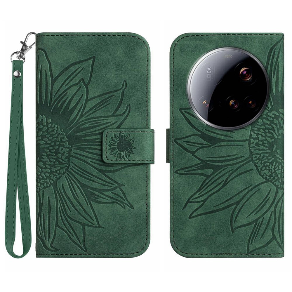 Xiaomi 15 Ultra-skal Sunflower Imprint Läderplånbok för mobil med handledsrem