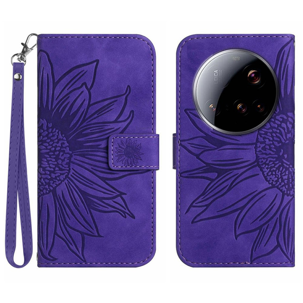 Xiaomi 15 Ultra-skal Sunflower Imprint Läderplånbok för mobil med handledsrem