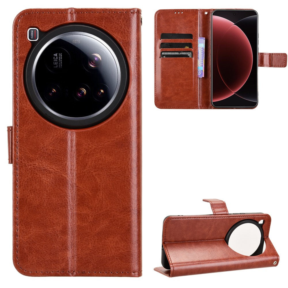 For Xiaomi 15 Ultra PU Leather Case with Strap Crazy Horse Texture Phone Wallet Cover