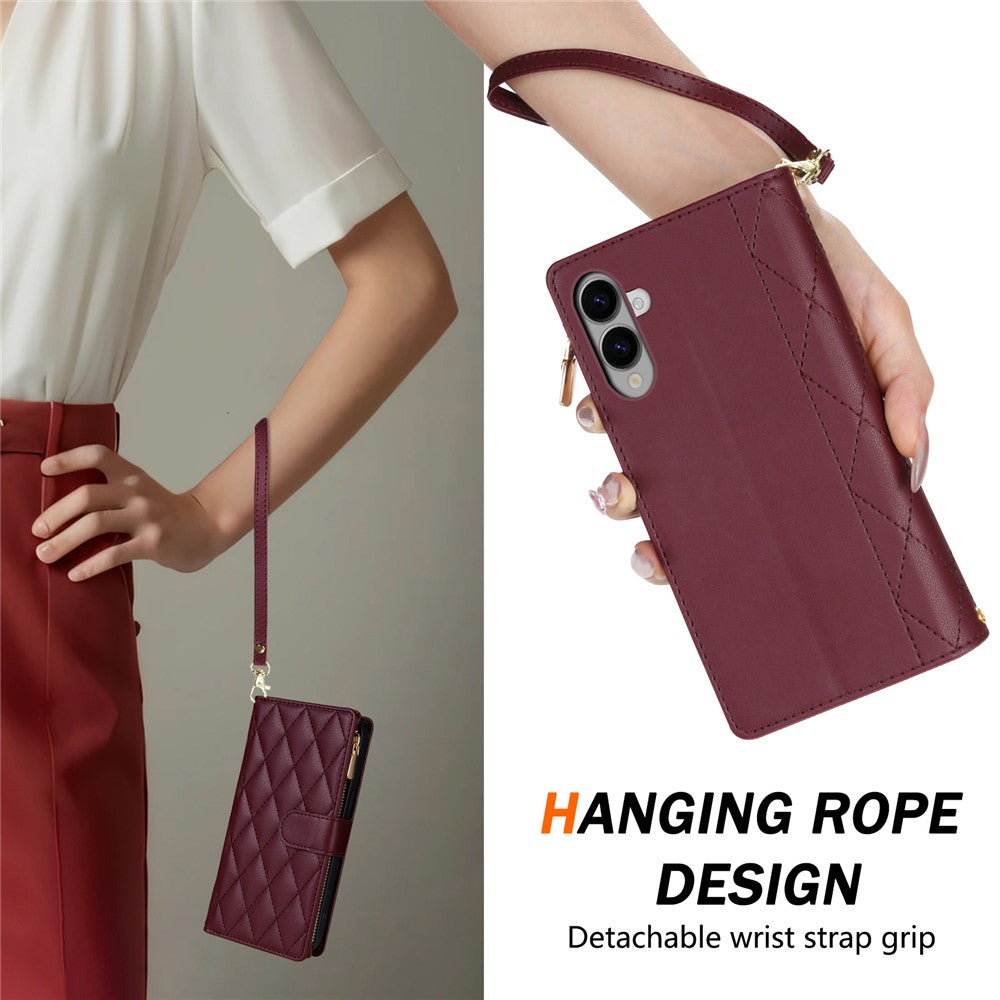 Til Samsung Galaxy S25 Edge cover, Rhombus-syning, læderpung-telefoncover med lang/kort strop