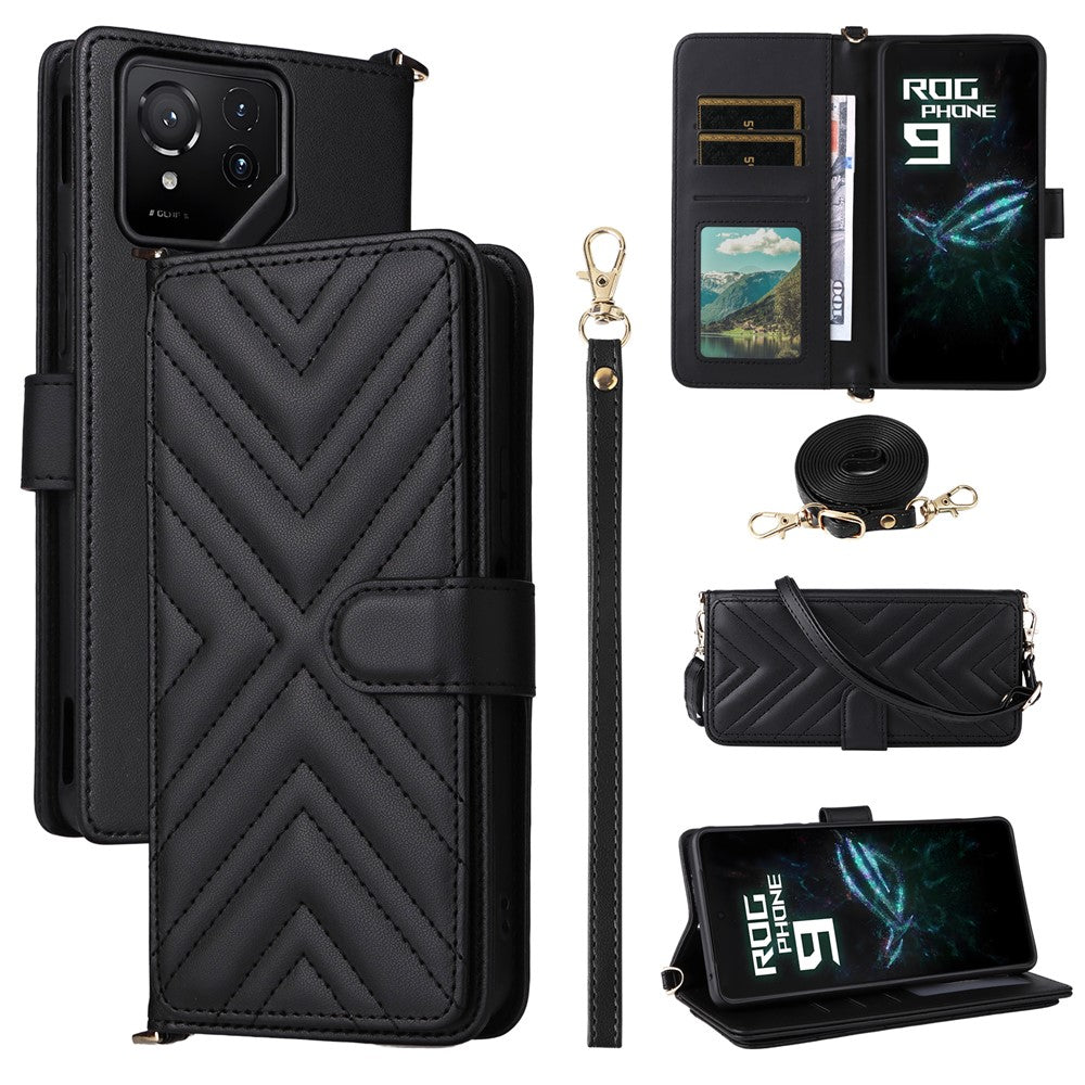 Til Asus ROG Phone 9 5G / Phone 9 Pro 5G Pung Etui med Skulder / Håndledsrem Læder Telefoncover Stativ