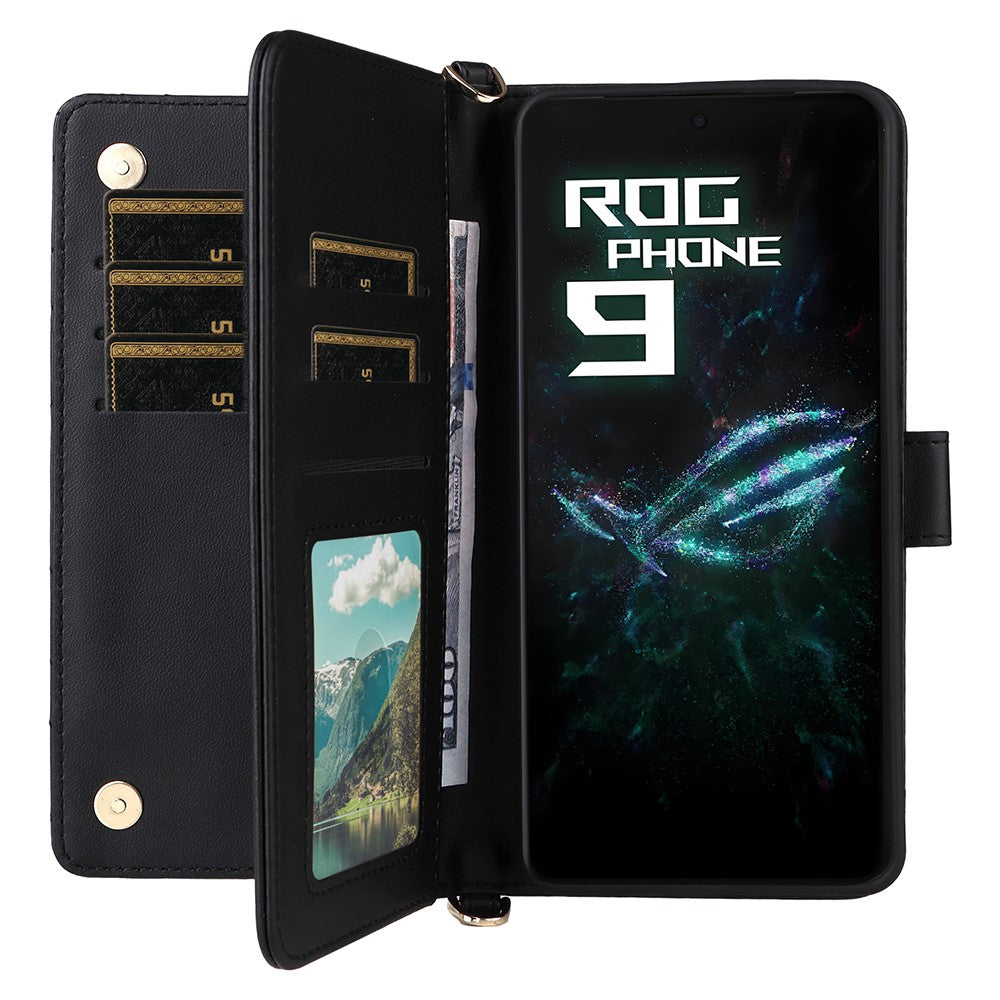 Til Asus ROG Phone 9 5G / Phone 9 Pro 5G Pung Etui med Skulder / Håndledsrem Læder Telefoncover Stativ