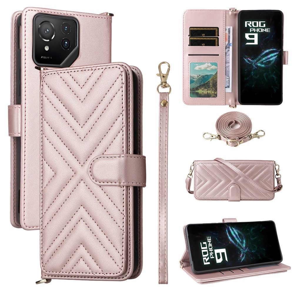 Til Asus ROG Phone 9 5G / Phone 9 Pro 5G Pung Etui med Skulder / Håndledsrem Læder Telefoncover Stativ