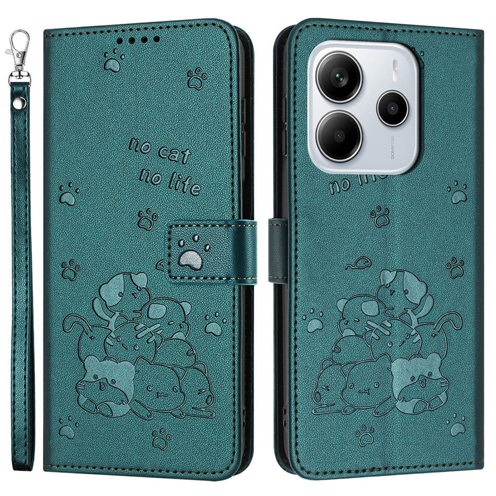 Wallet Case for Xiaomi Redmi Note 14 4G (164.84mm) Cats Imprint Leather Phone Cover with Strap