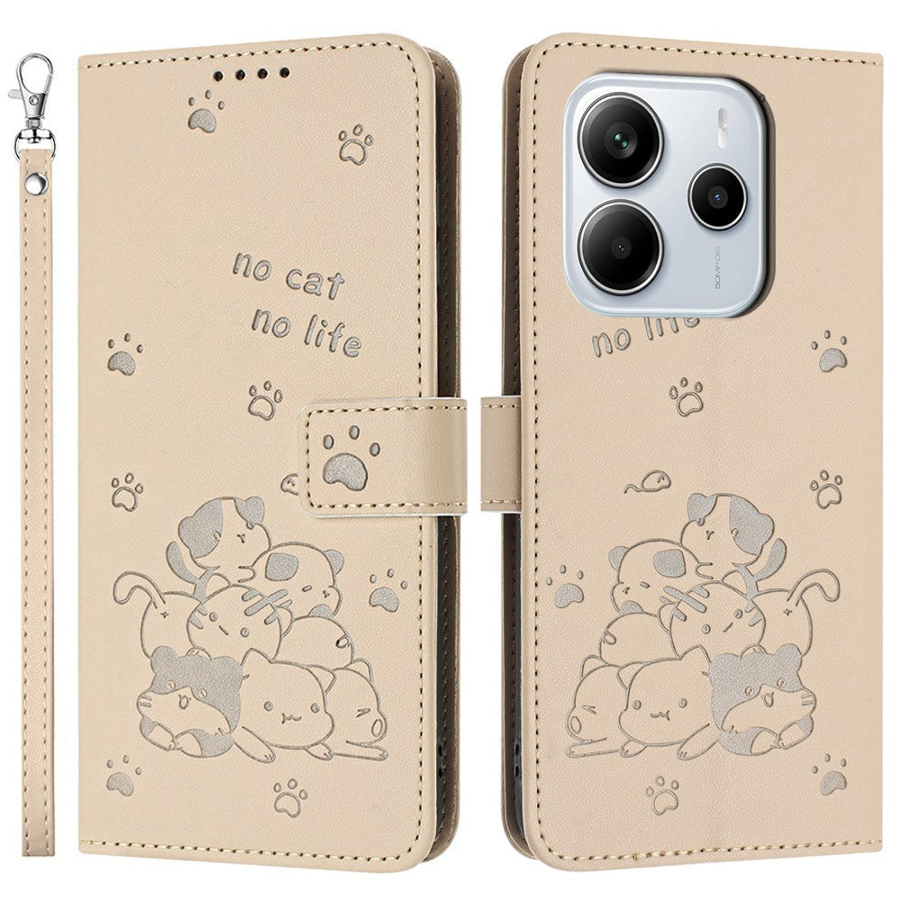 Wallet Case for Xiaomi Redmi Note 14 4G (164.84mm) Cats Imprint Leather Phone Cover with Strap