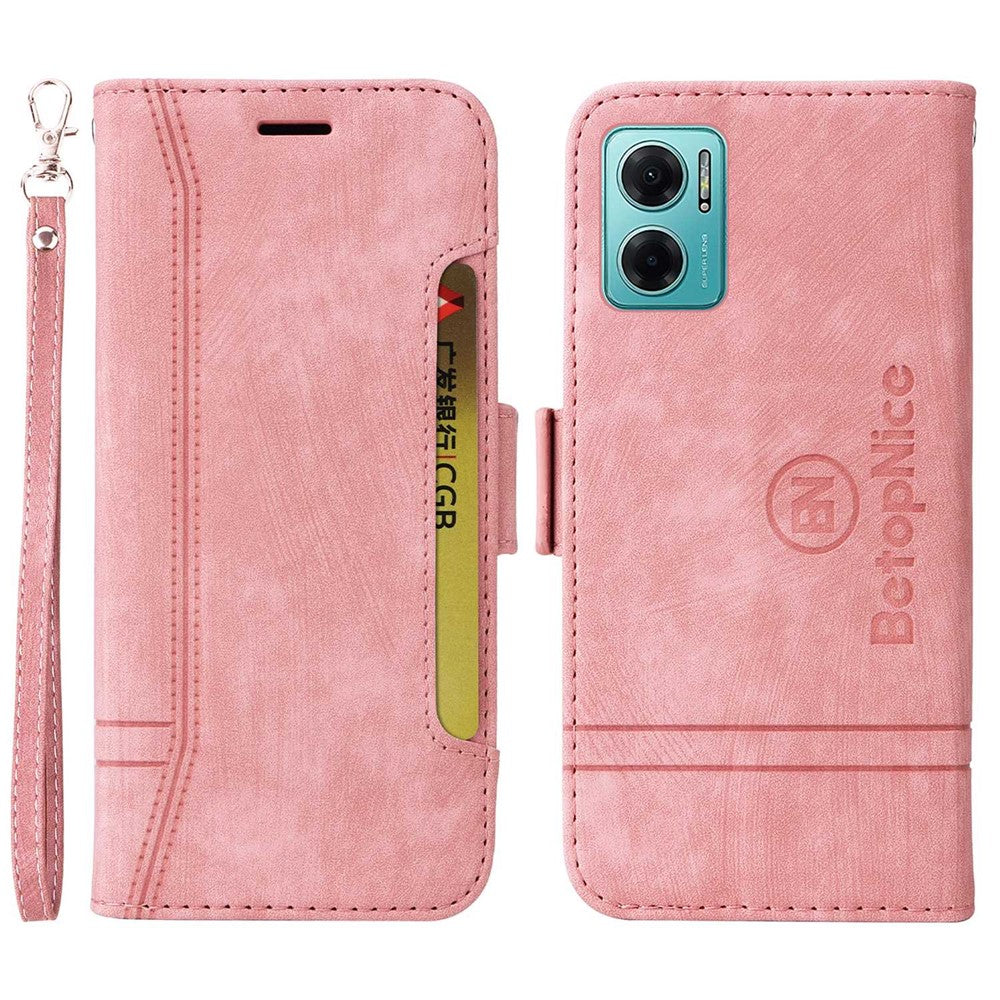 BETOPNICE 001 För Xiaomi Redmi Note 11E 5G / 10 5G / 10 Prime+ 5G Präglade sömmar PU-läder Stoppsäkert mobilskal Flip Stand Plånboksfodral med rem