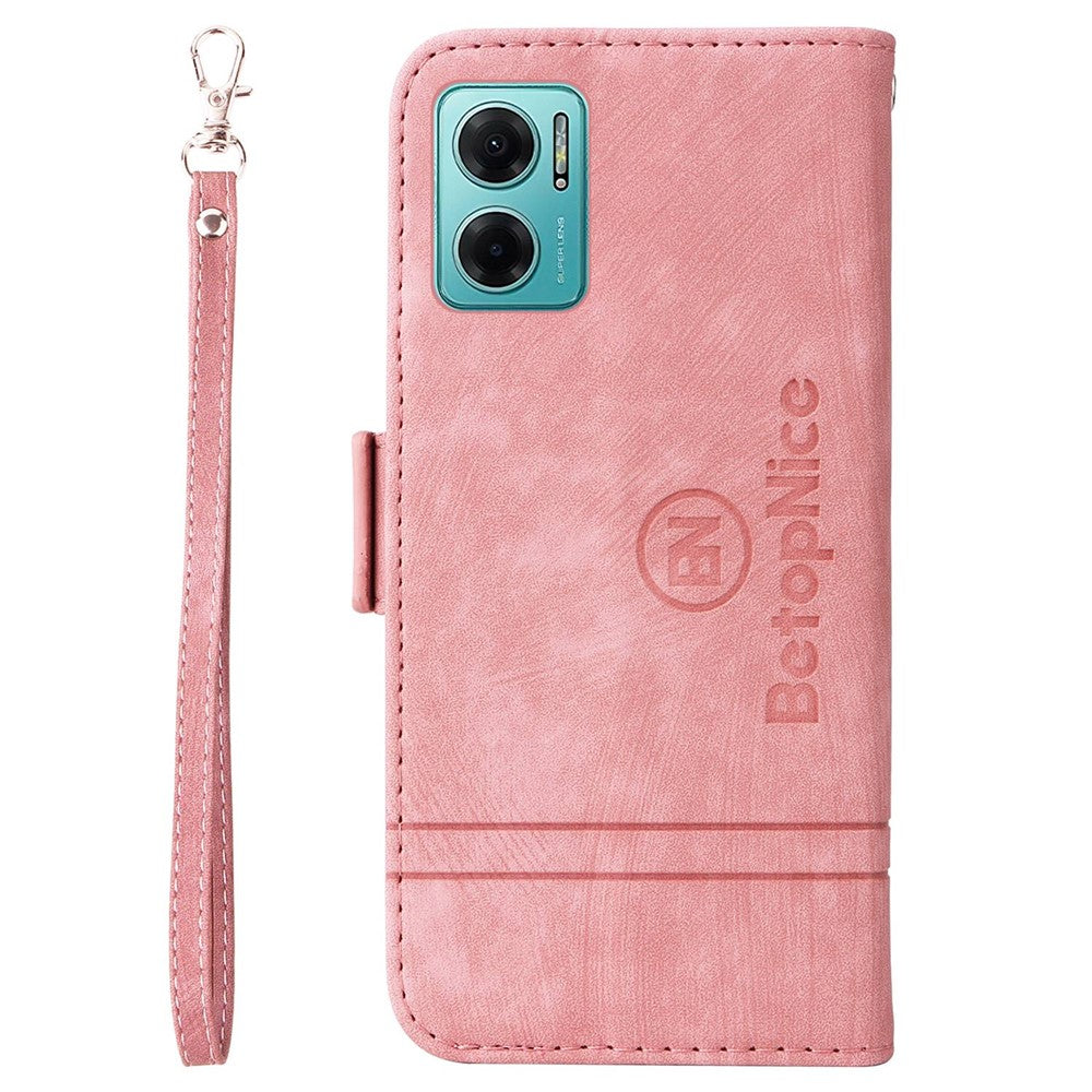 BETOPNICE 001 För Xiaomi Redmi Note 11E 5G / 10 5G / 10 Prime+ 5G Präglade sömmar PU-läder Stoppsäkert mobilskal Flip Stand Plånboksfodral med rem