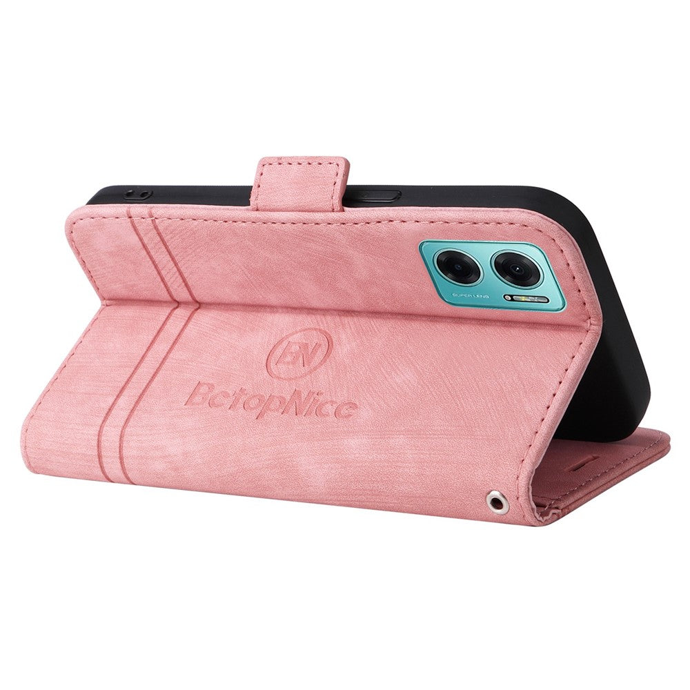 BETOPNICE 001 För Xiaomi Redmi Note 11E 5G / 10 5G / 10 Prime+ 5G Präglade sömmar PU-läder Stoppsäkert mobilskal Flip Stand Plånboksfodral med rem