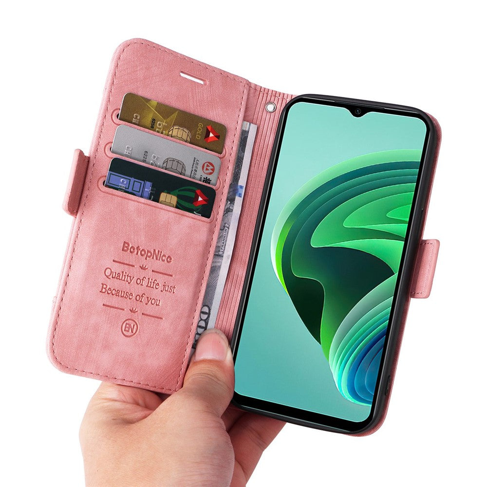 BETOPNICE 001 För Xiaomi Redmi Note 11E 5G / 10 5G / 10 Prime+ 5G Präglade sömmar PU-läder Stoppsäkert mobilskal Flip Stand Plånboksfodral med rem