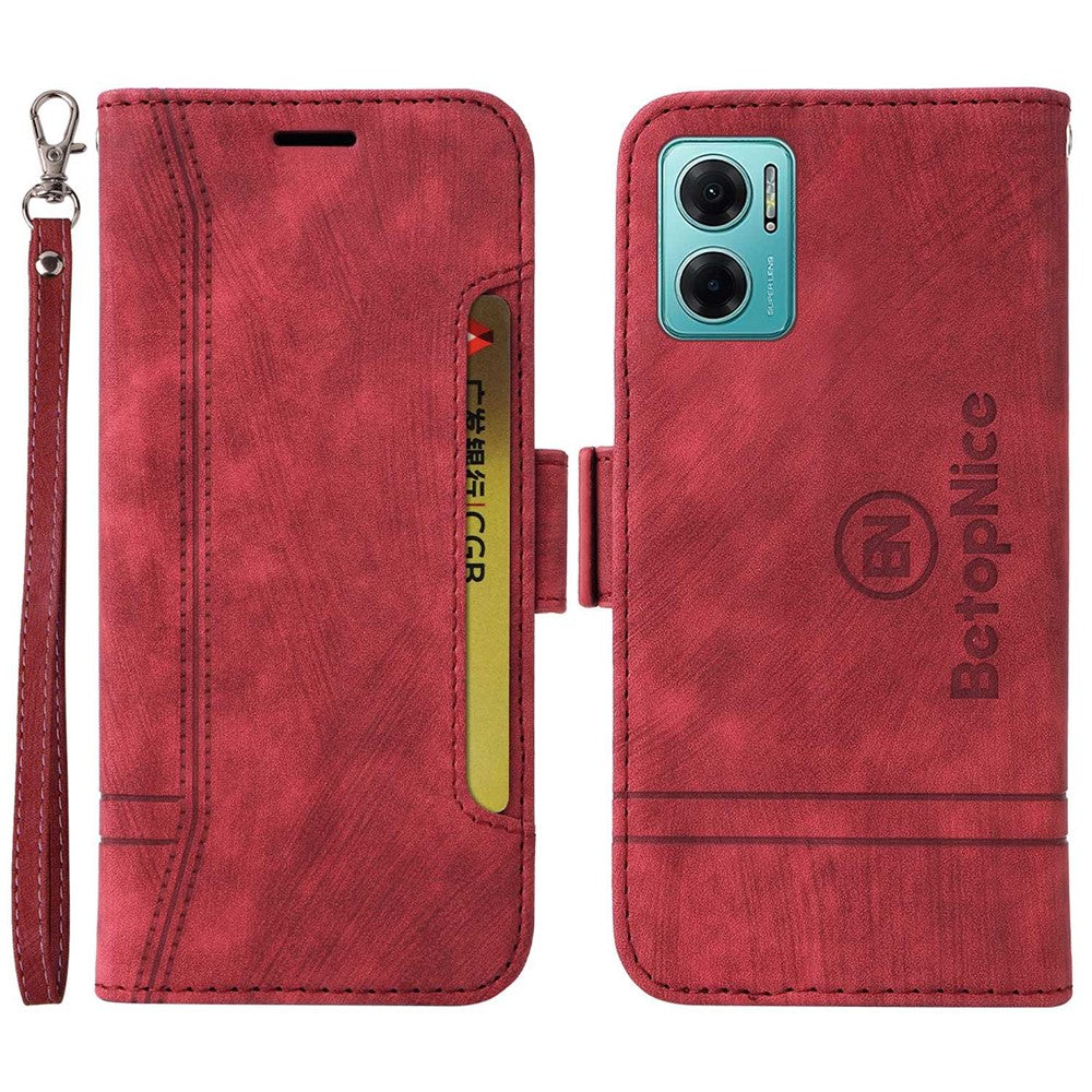 BETOPNICE 001 För Xiaomi Redmi Note 11E 5G / 10 5G / 10 Prime+ 5G Präglade sömmar PU-läder Stoppsäkert mobilskal Flip Stand Plånboksfodral med rem
