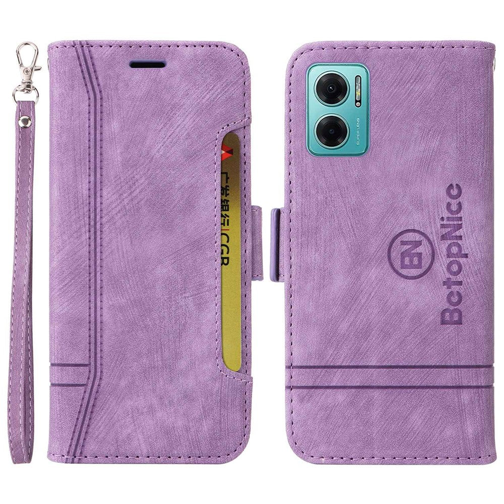 BETOPNICE 001 För Xiaomi Redmi Note 11E 5G / 10 5G / 10 Prime+ 5G Präglade sömmar PU-läder Stoppsäkert mobilskal Flip Stand Plånboksfodral med rem