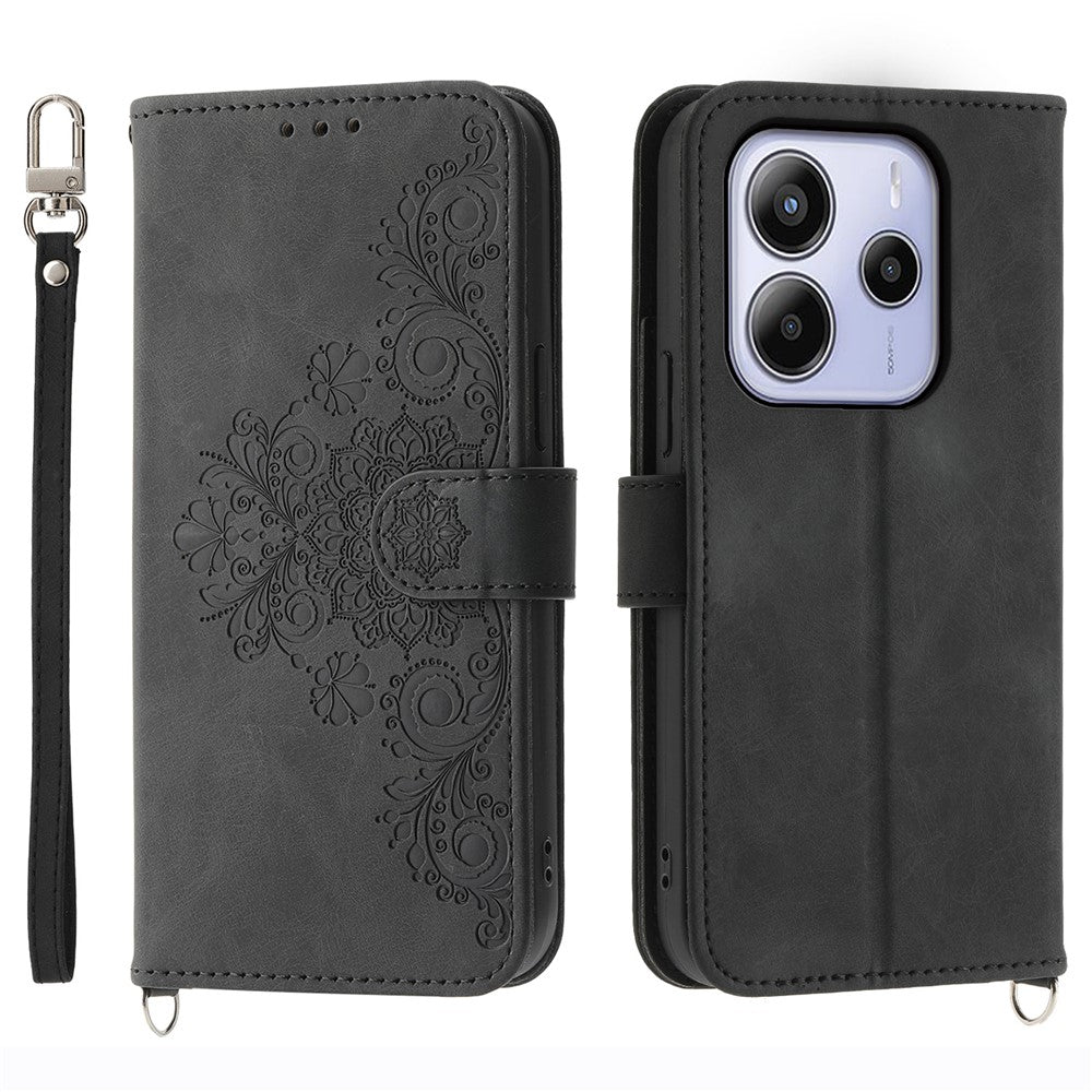 For Xiaomi Redmi Note 14 4G (164.84mm) Case Flower Pattern PU Leather Wallet Phone Cover with Strap