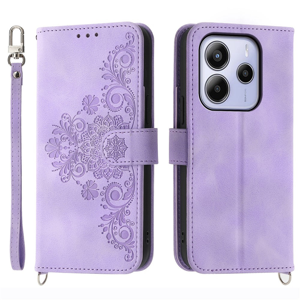 For Xiaomi Redmi Note 14 4G (164.84mm) Case Flower Pattern PU Leather Wallet Phone Cover with Strap