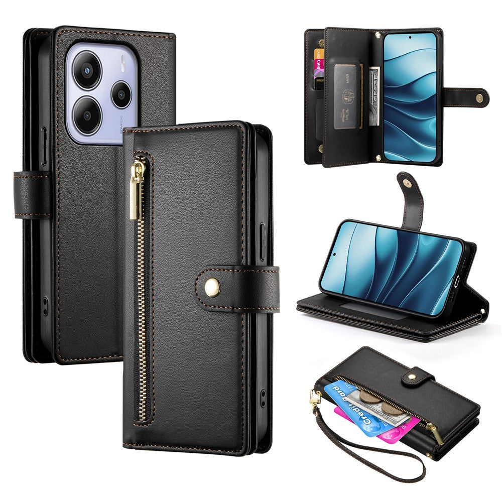 DF-011 For Xiaomi Redmi Note 14 4G (164.84mm) Case Zipper Pocket Wallet Leather Phone Cover with Straps