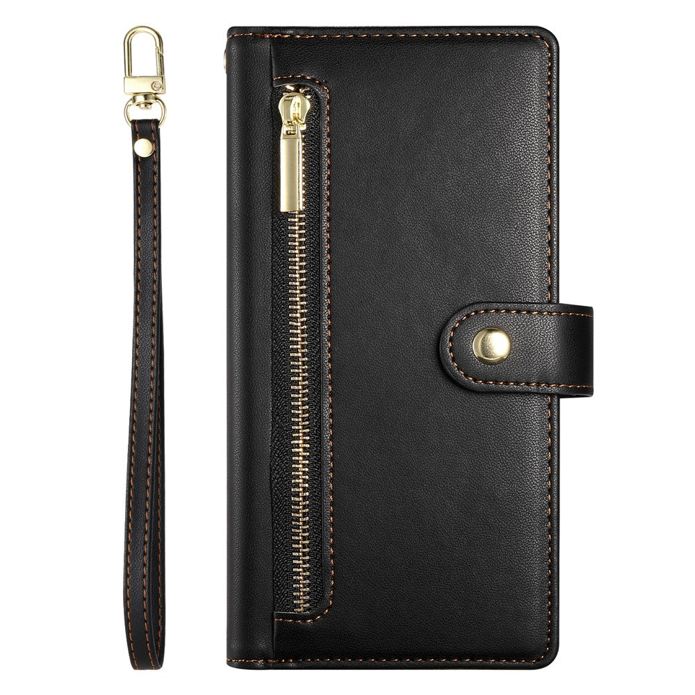 DF-011 For Xiaomi Redmi Note 14 4G (164.84mm) Case Zipper Pocket Wallet Leather Phone Cover with Straps