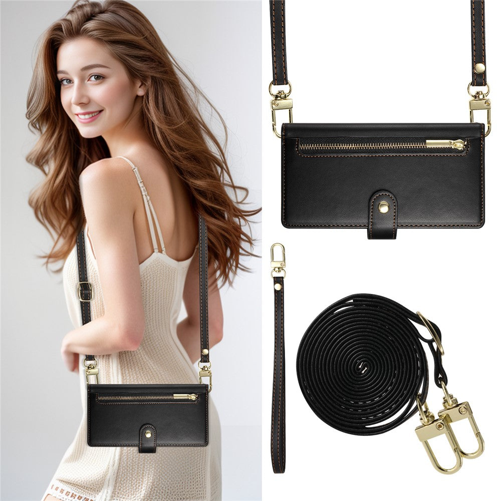 DF-011 For Xiaomi Redmi Note 14 4G (164.84mm) Case Zipper Pocket Wallet Leather Phone Cover with Straps