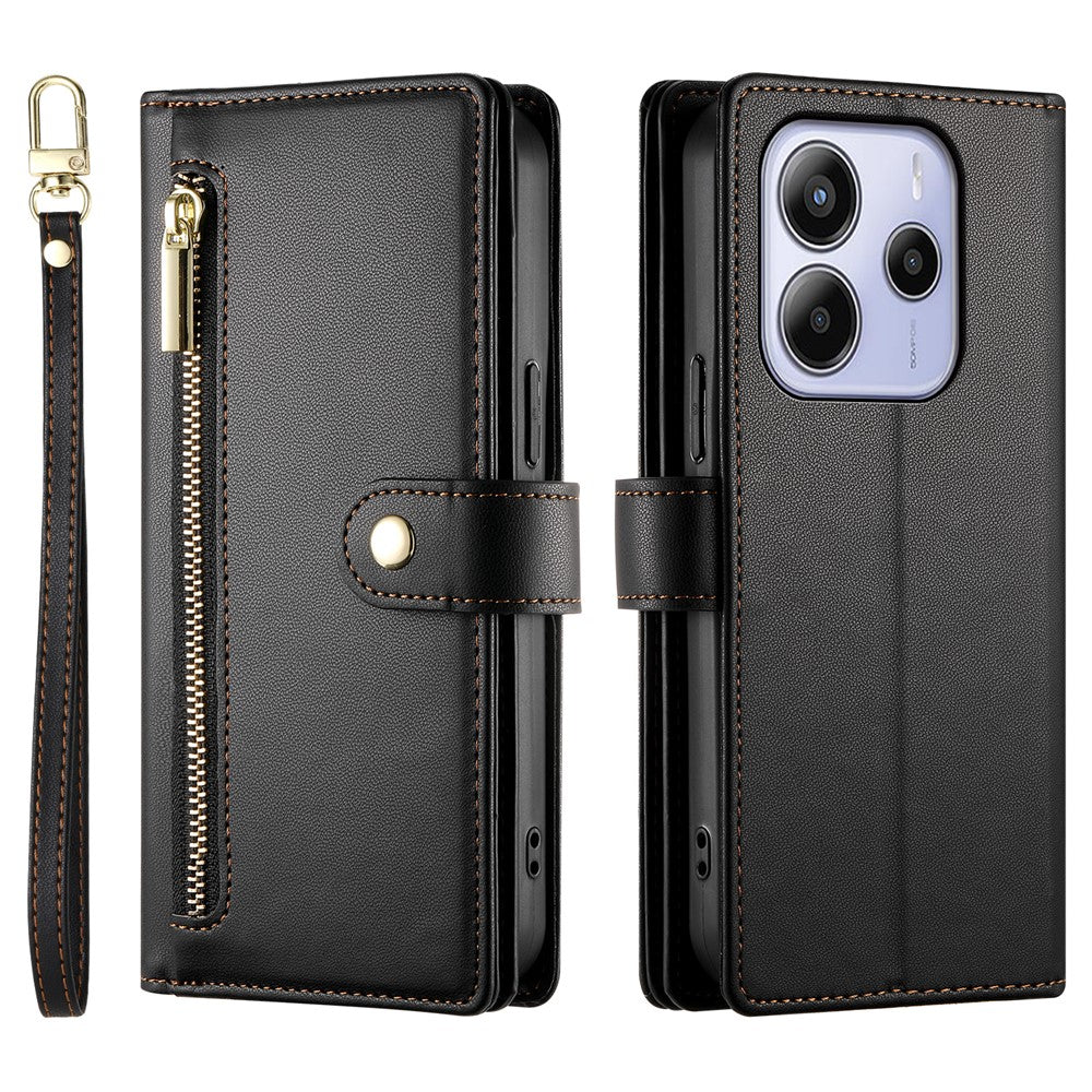 DF-011 For Xiaomi Redmi Note 14 4G (164.84mm) Case Zipper Pocket Wallet Leather Phone Cover with Straps