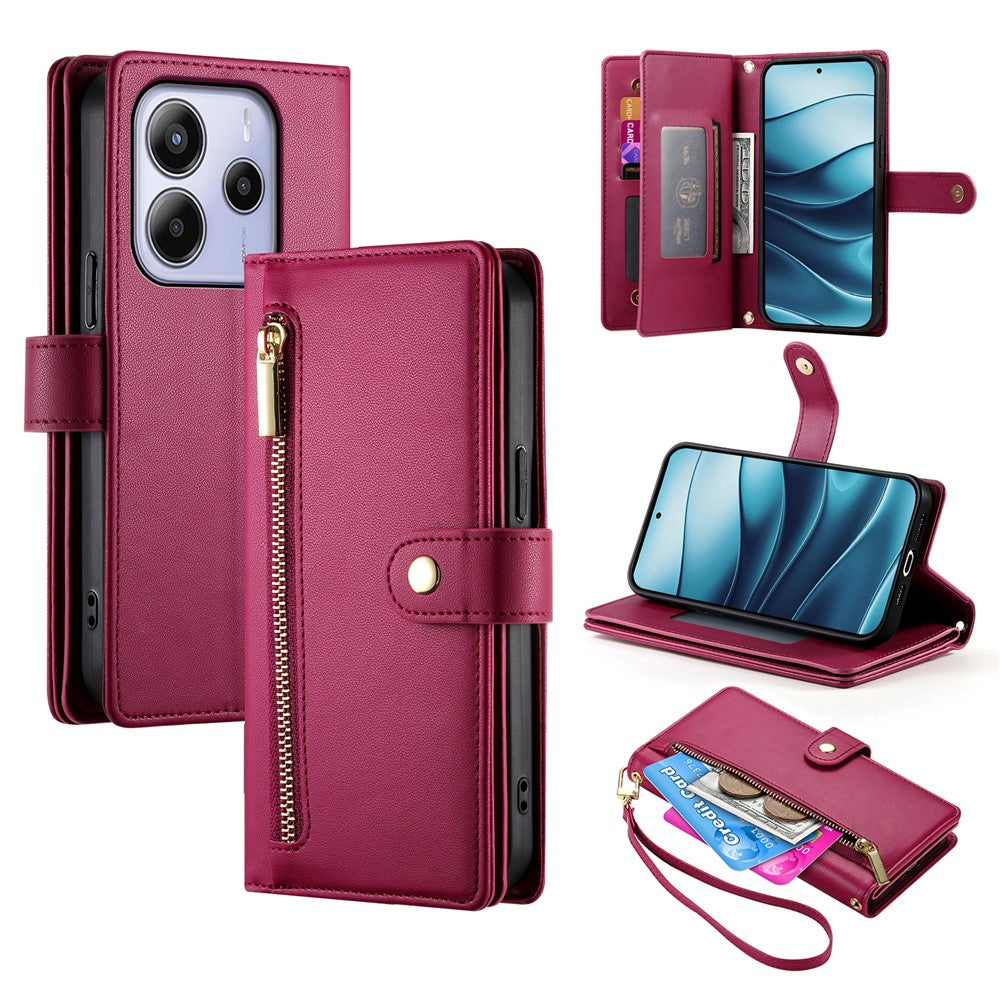 DF-011 For Xiaomi Redmi Note 14 4G (164.84mm) Case Zipper Pocket Wallet Leather Phone Cover with Straps