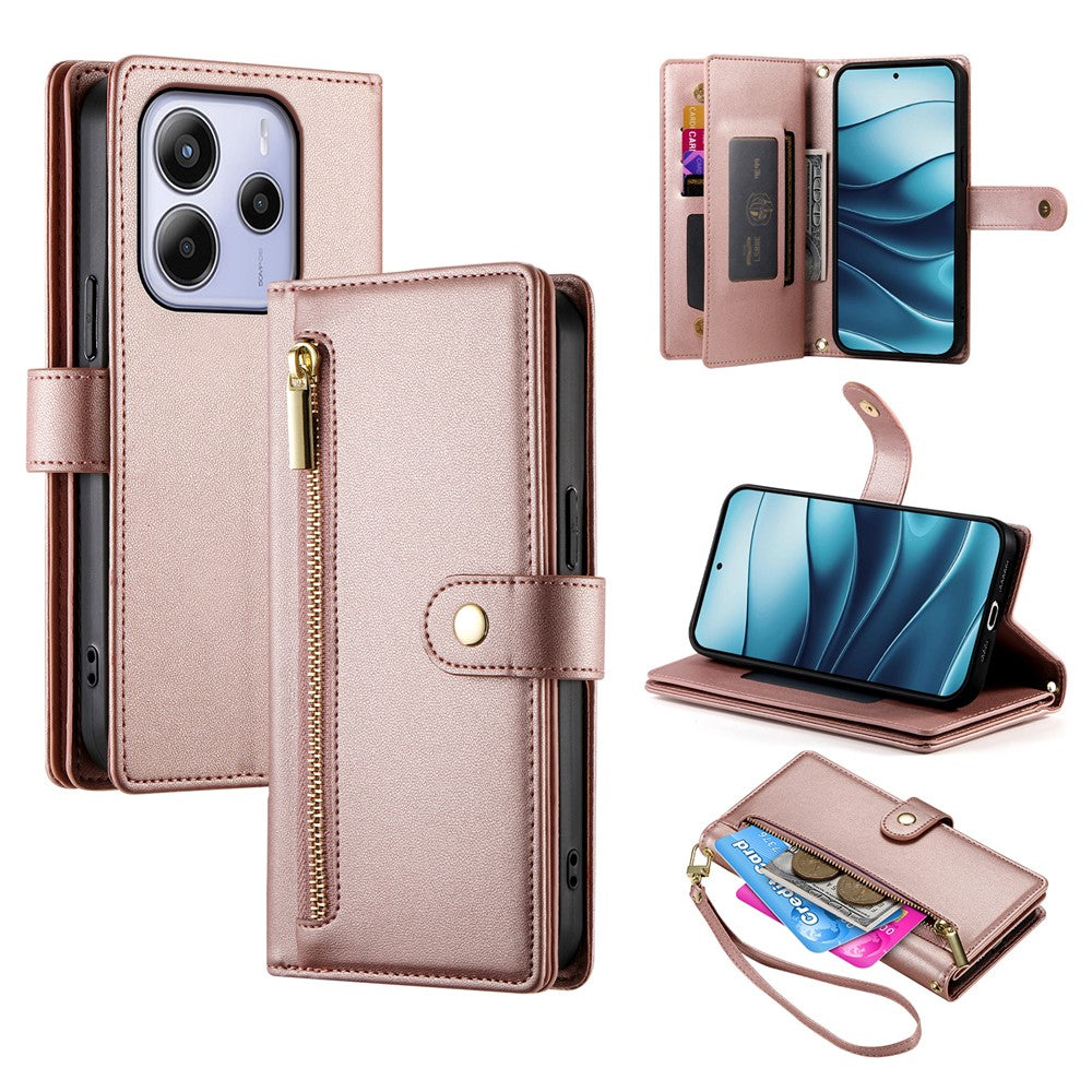 DF-011 For Xiaomi Redmi Note 14 4G (164.84mm) Case Zipper Pocket Wallet Leather Phone Cover with Straps