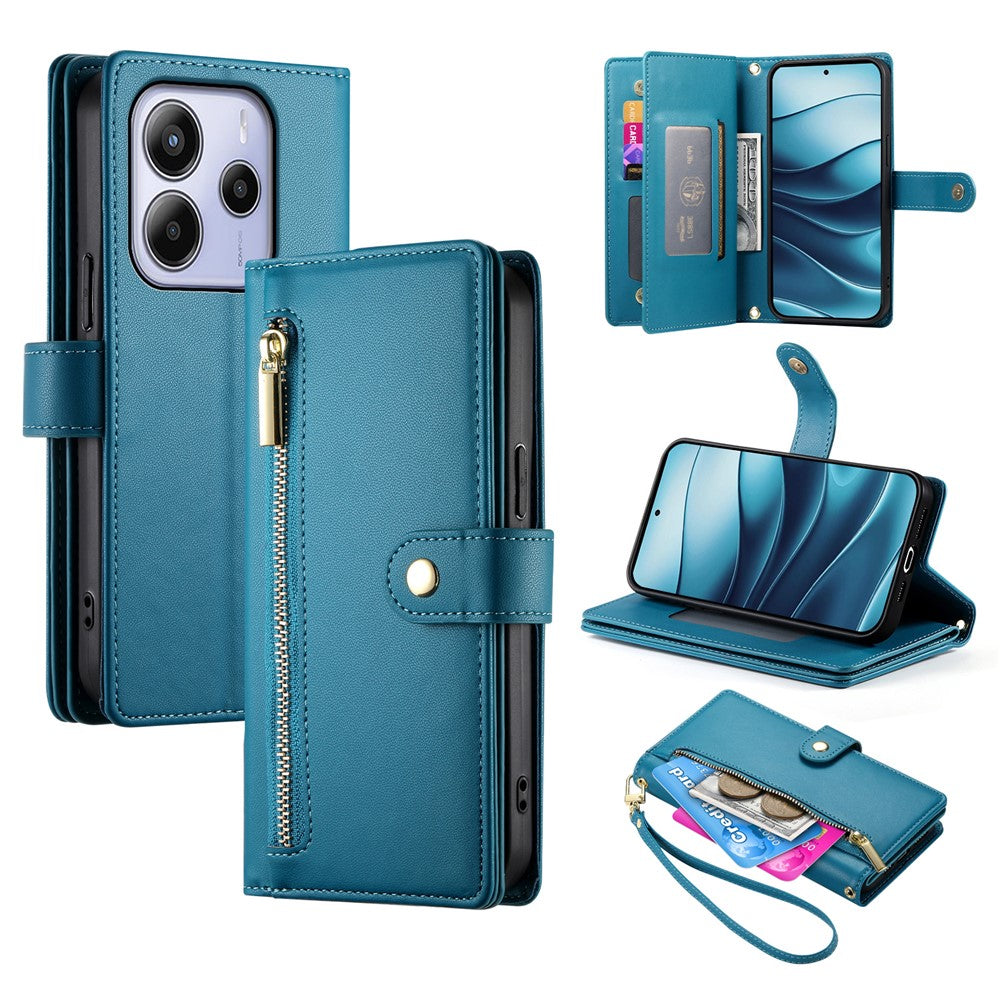 DF-011 For Xiaomi Redmi Note 14 4G (164.84mm) Case Zipper Pocket Wallet Leather Phone Cover with Straps