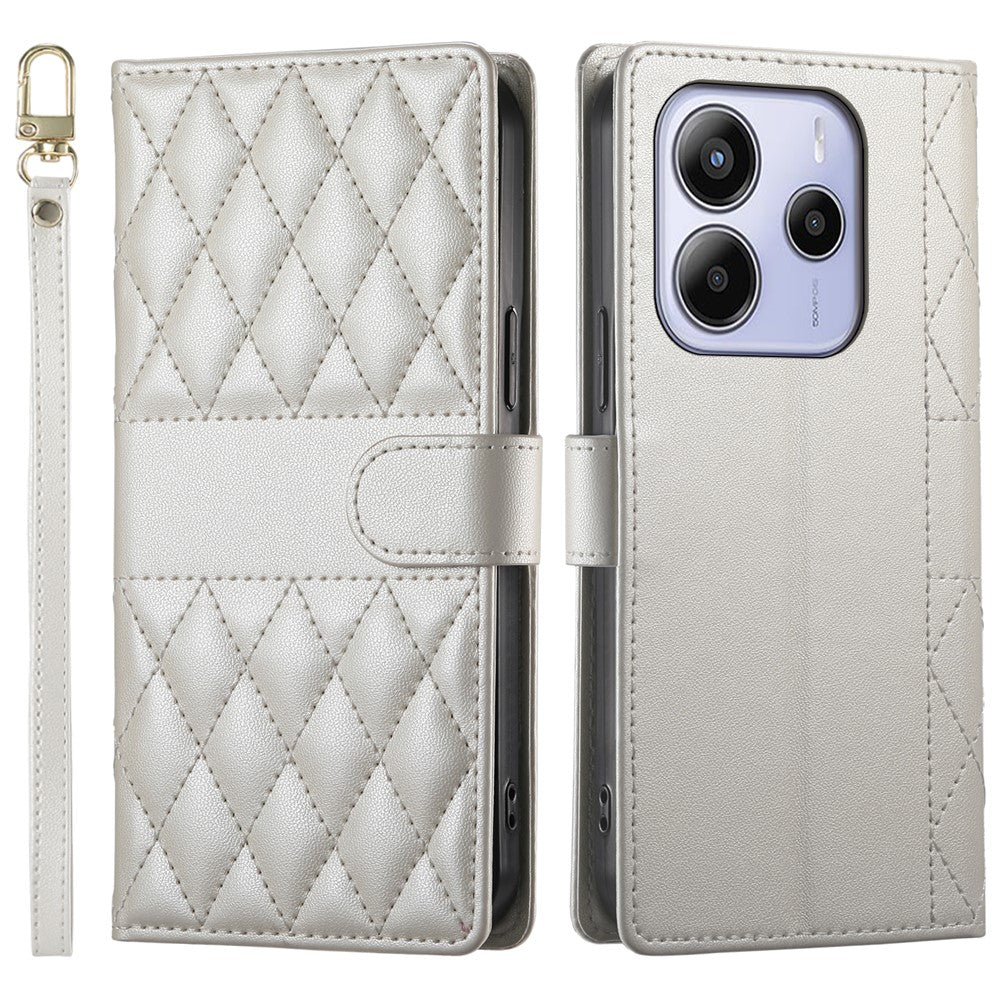 For Xiaomi Redmi Note 14 4G (164.84mm) Case Rhombus Stitching Wallet Stand Leather Phone Cover with Long / Short Strap