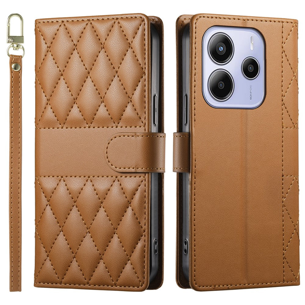 For Xiaomi Redmi Note 14 4G (164.84mm) Case Rhombus Stitching Wallet Stand Leather Phone Cover with Long / Short Strap