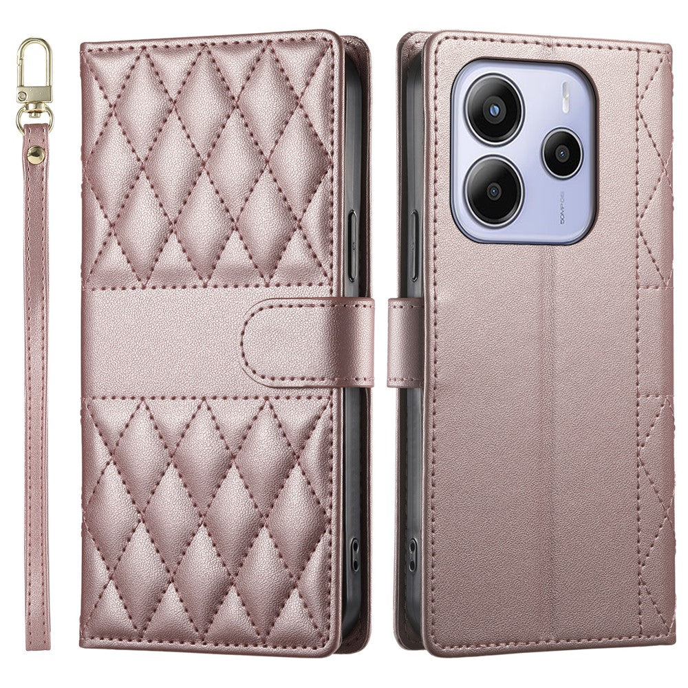 For Xiaomi Redmi Note 14 4G (164.84mm) Case Rhombus Stitching Wallet Stand Leather Phone Cover with Long / Short Strap