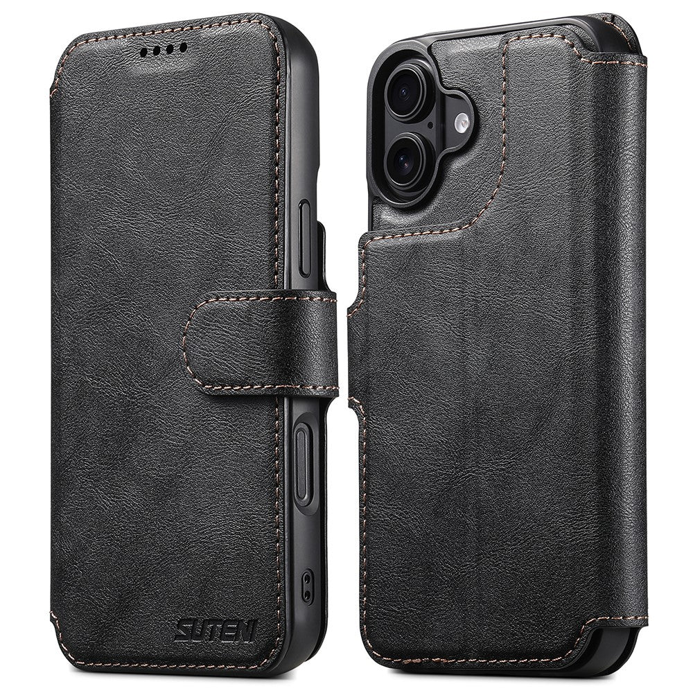 SUTENI Q-05 Til iPhone 16 Plus Pung-etui 2-i-1 Aftageligt Flip-telefoncover i læder med stativ