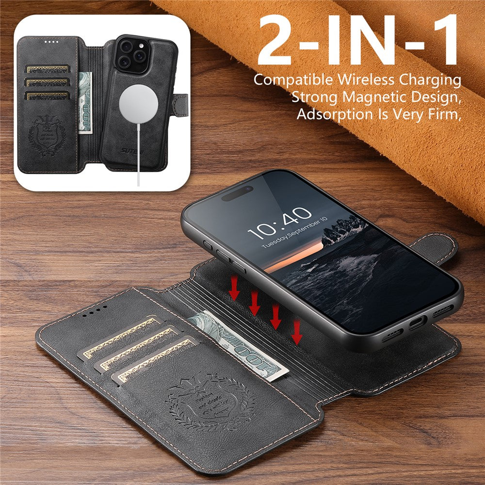 SUTENI Q-05 For iPhone 14 Pro Max Wallet Case 2 in 1 Detachable Leather Flip Phone Cover with Stand