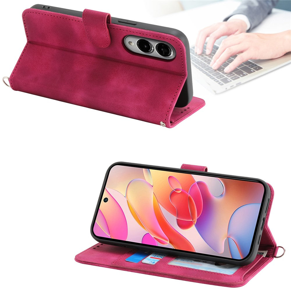 Samsung Galaxy S25 Edge-skal Blommönster PU-läderplånboksfodral med rem