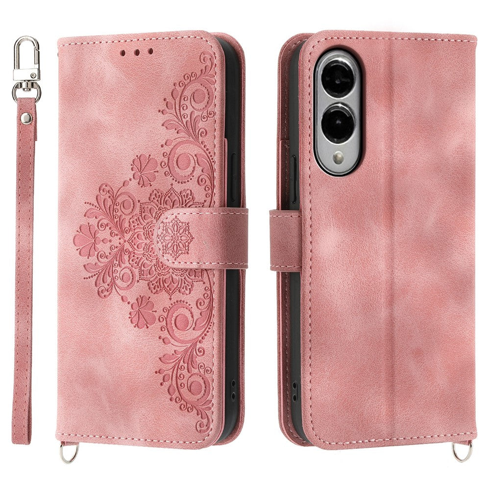Samsung Galaxy S25 Edge-skal Blommönster PU-läderplånboksfodral med rem