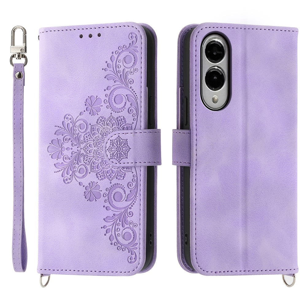 Samsung Galaxy S25 Edge-skal Blommönster PU-läderplånboksfodral med rem