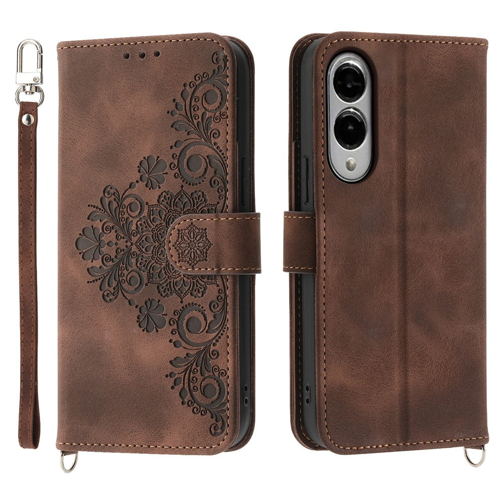 Samsung Galaxy S25 Edge-skal Blommönster PU-läderplånboksfodral med rem