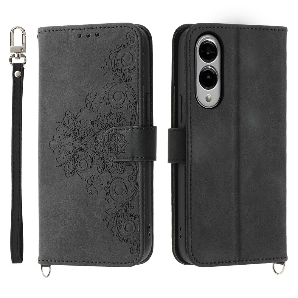 Samsung Galaxy S25 Edge-skal Blommönster PU-läderplånboksfodral med rem