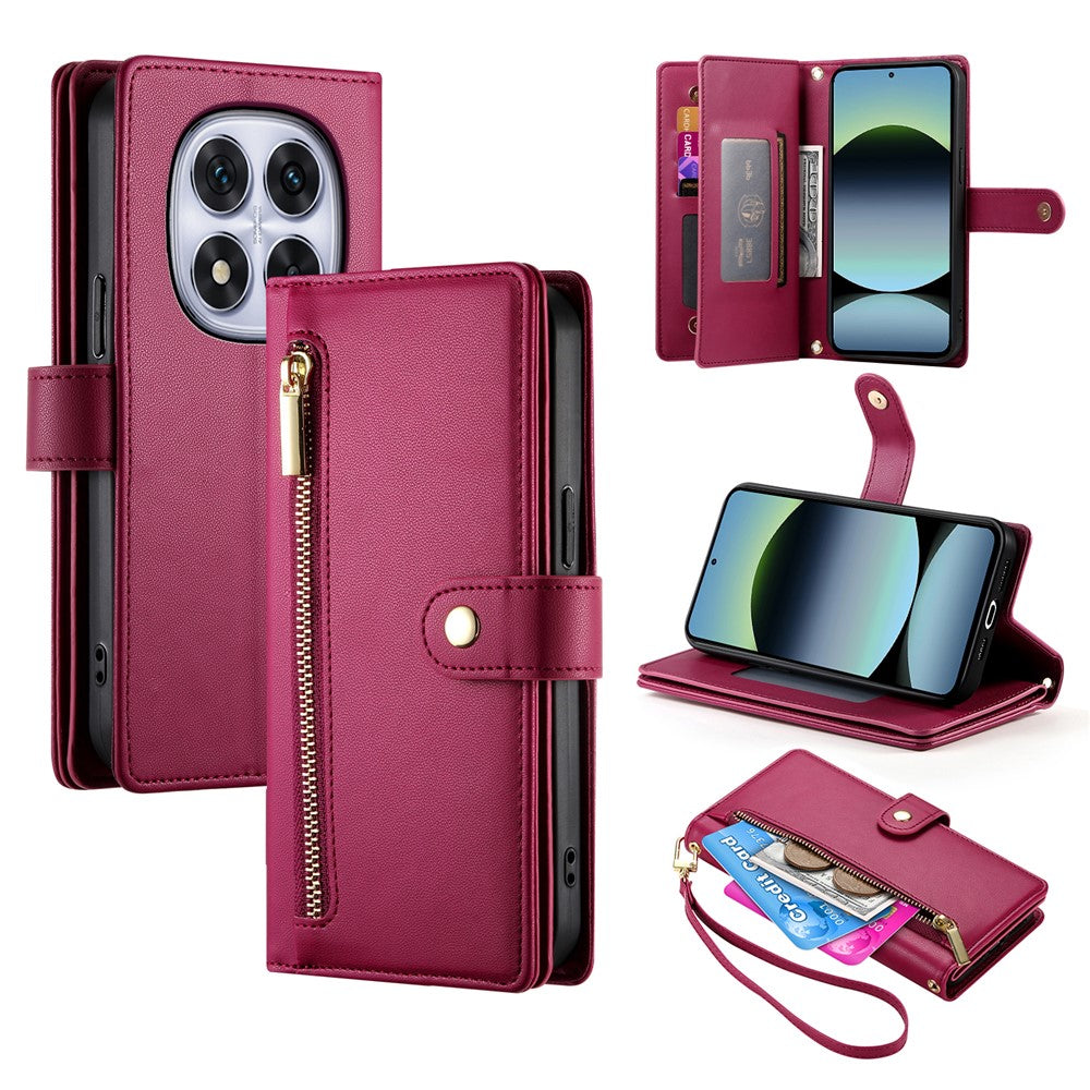 DF-011 For Xiaomi Redmi Note 14 Pro 4G Case Zipper Pocket Wallet Leather Phone Cover with Straps