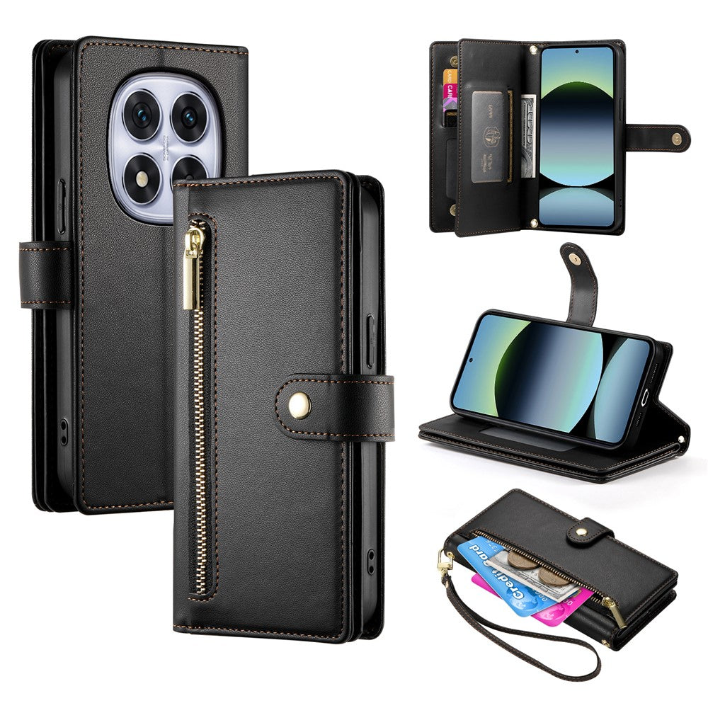 DF-011 For Xiaomi Redmi Note 14 Pro 4G Case Zipper Pocket Wallet Leather Phone Cover with Straps