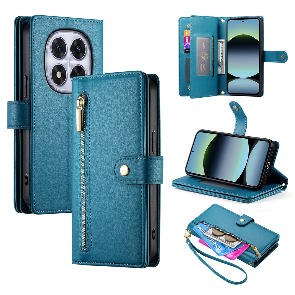 DF-011 For Xiaomi Redmi Note 14 Pro 4G Case Zipper Pocket Wallet Leather Phone Cover with Straps