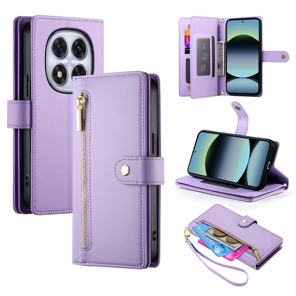 DF-011 For Xiaomi Redmi Note 14 Pro 4G Case Zipper Pocket Wallet Leather Phone Cover with Straps