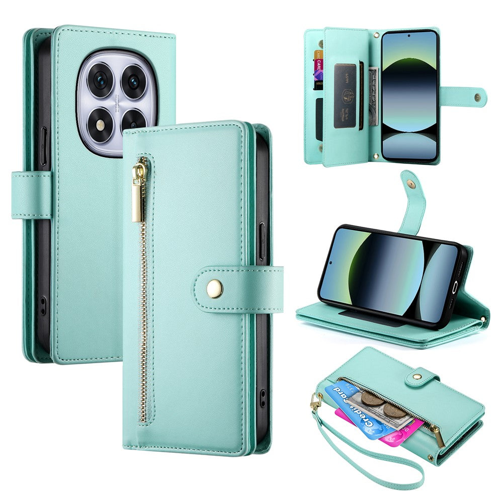DF-011 For Xiaomi Redmi Note 14 Pro 4G Case Zipper Pocket Wallet Leather Phone Cover with Straps