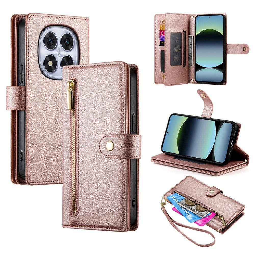 DF-011 For Xiaomi Redmi Note 14 Pro 4G Case Zipper Pocket Wallet Leather Phone Cover with Straps