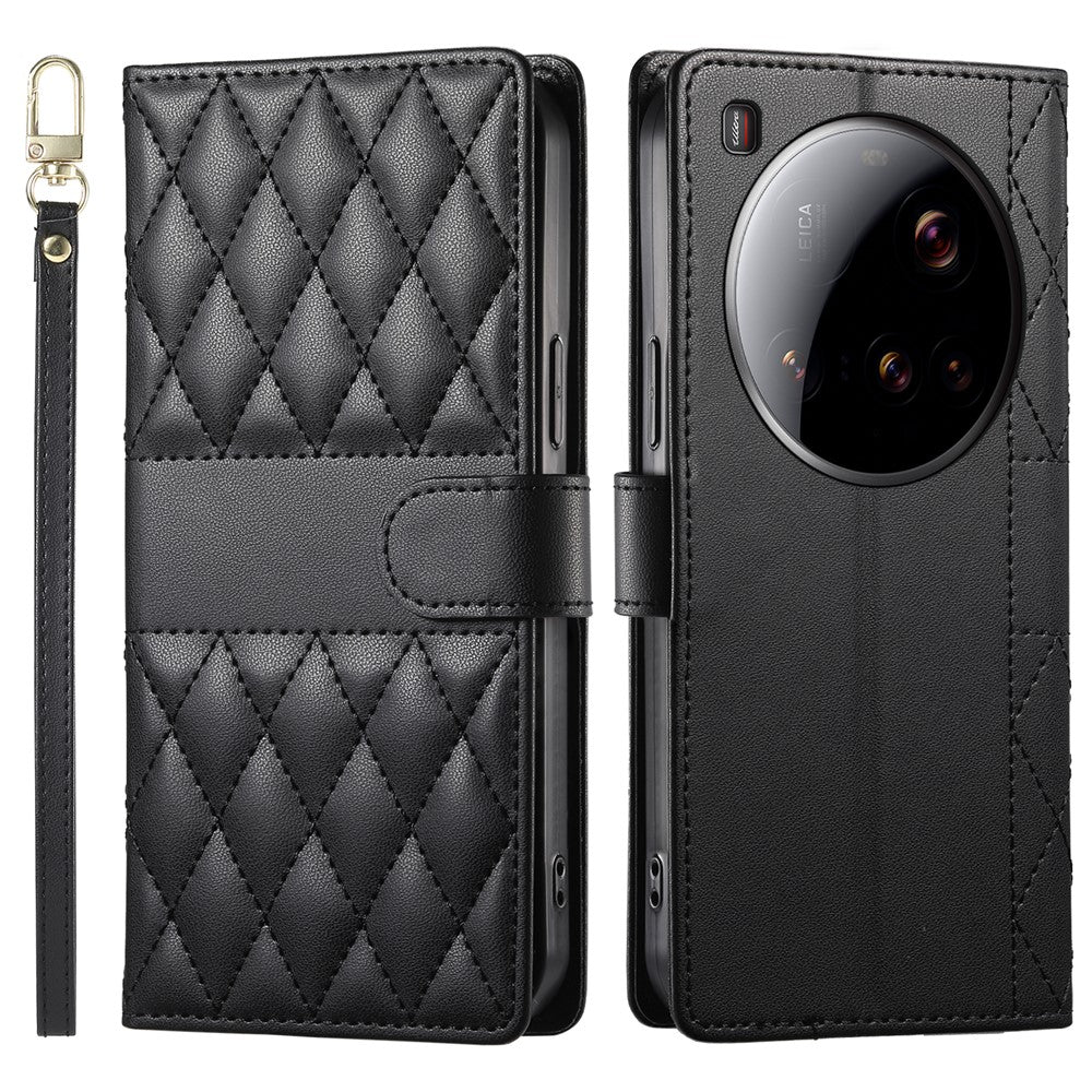 For Xiaomi 15 Ultra Case Rhombus Stitching Wallet Stand Leather Phone Cover with Long  /  Short Strap
