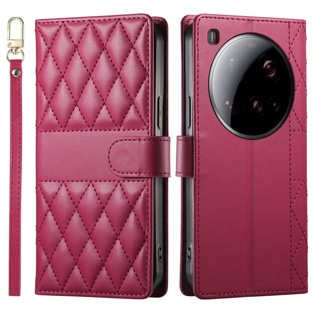 For Xiaomi 15 Ultra Case Rhombus Stitching Wallet Stand Leather Phone Cover with Long  /  Short Strap