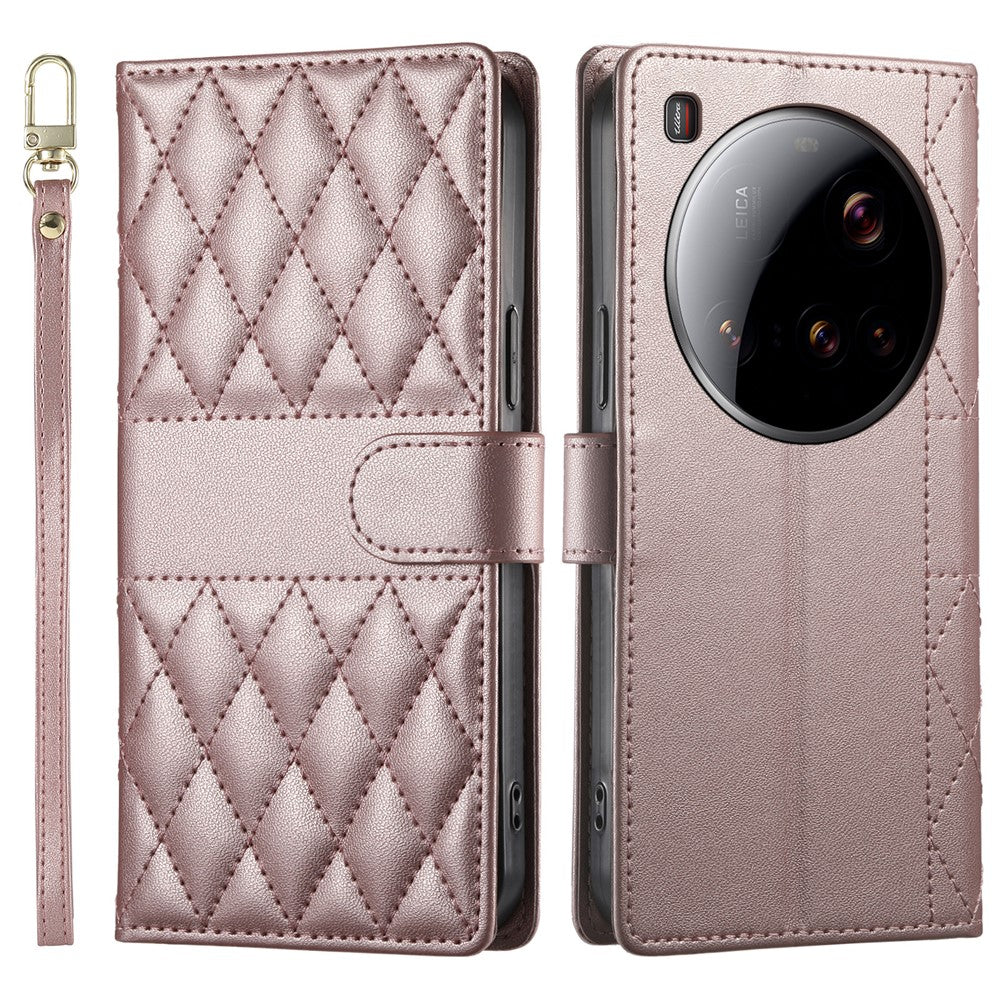 For Xiaomi 15 Ultra Case Rhombus Stitching Wallet Stand Leather Phone Cover with Long  /  Short Strap