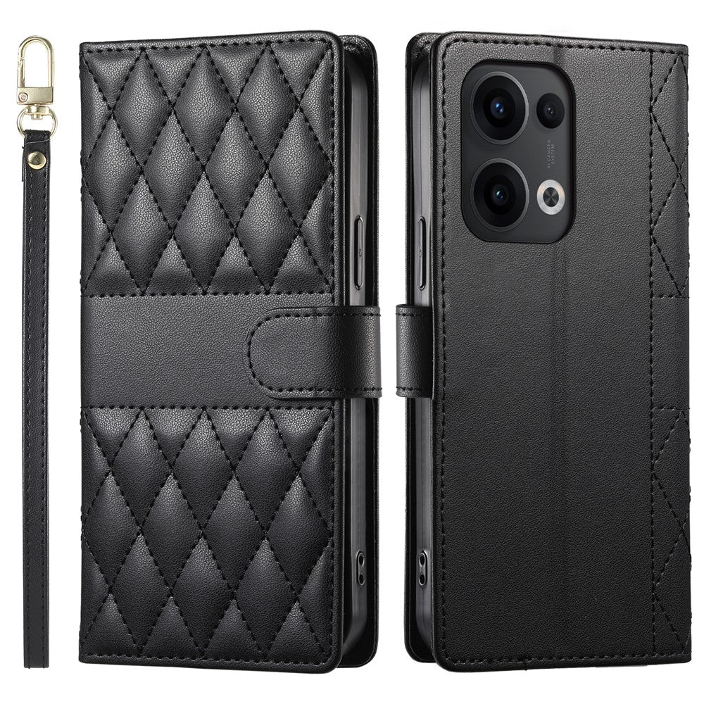 For Oppo Reno13 5G (Global) Case Rhombus Stitching Wallet Stand Leather Phone Cover with Long  /  Short Strap