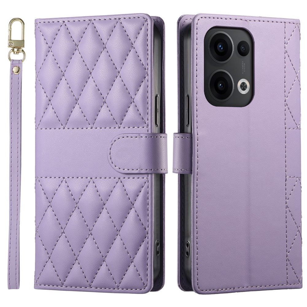 For Oppo Reno13 5G (Global) Case Rhombus Stitching Wallet Stand Leather Phone Cover with Long  /  Short Strap