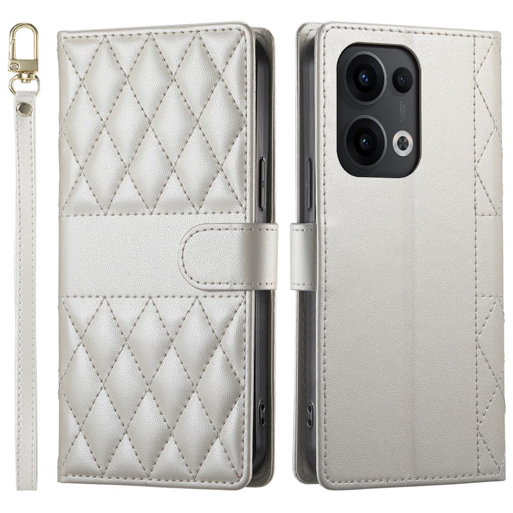 For Oppo Reno13 5G (Global) Case Rhombus Stitching Wallet Stand Leather Phone Cover with Long  /  Short Strap