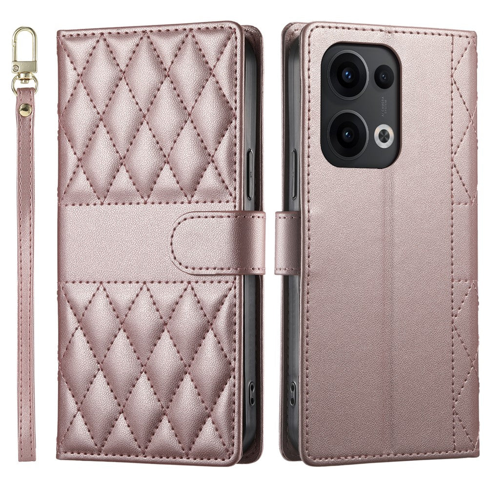 For Oppo Reno13 5G (Global) Case Rhombus Stitching Wallet Stand Leather Phone Cover with Long  /  Short Strap