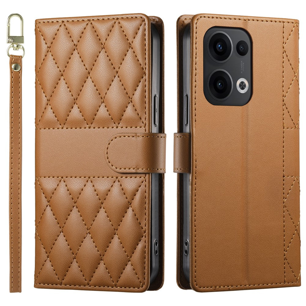 For Oppo Reno13 5G (Global) Case Rhombus Stitching Wallet Stand Leather Phone Cover with Long  /  Short Strap